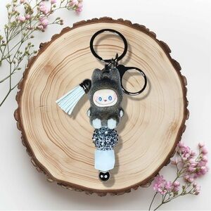Labubu Charcoal Gray The Monsters Flocked Keychain